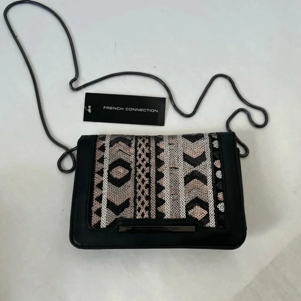 French Connection Chain Sequins Black Silver Crossbody Bag Clutch Purse